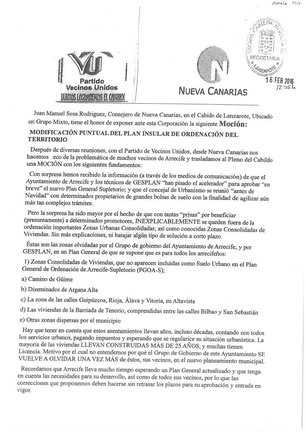 Moción de VECINOS UNIDOS defendida por NUEVA CANARIAS en el Pleno del Cabildo-Plan General de Arrecife