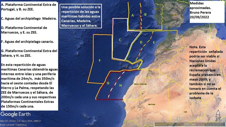 Aguas marítimas entre Canarias, Madeira, Marrucos, Sáhara y Portugal.