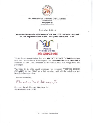 Documento de Adhesión de VECINOS UNIDOS CANARIOS en la OEAS