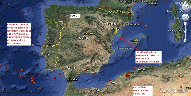 Puntos rojos. Maremotos y terremotos ocurridos alrededor y en tierra de la Peninsula Iberica, desde 1970 al 2006