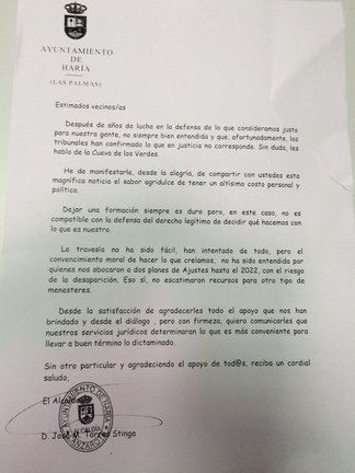Carta del Alcalde de Haría