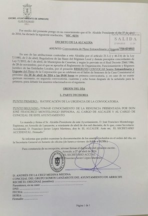 Convocatoria del Pleno de la renuncia de Montelongo
