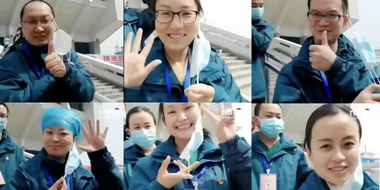 Medicos chinos se quitan las mascarillas