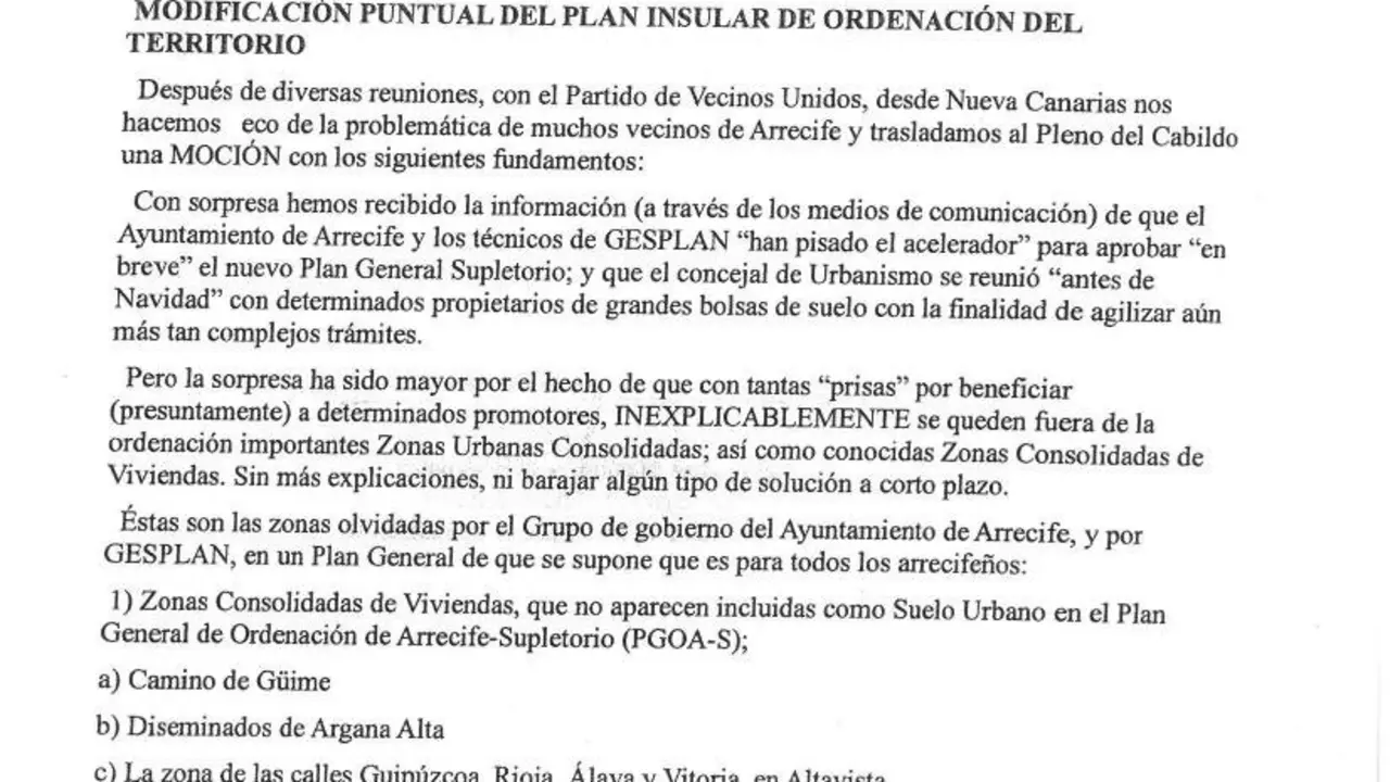 Moción de VECINOS UNIDOS defendida por NUEVA CANARIAS en el Pleno del Cabildo-Plan General de Arrecife