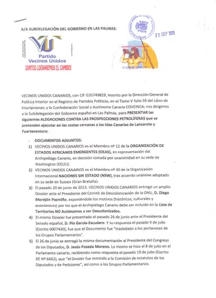 Alegación de VECINOS UNIDOS CANARIOS contra las prospecciones petrolíferas