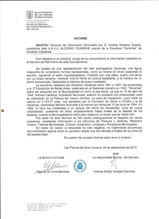 Documento que certifica la "desaparición" de la estatua de Doramas