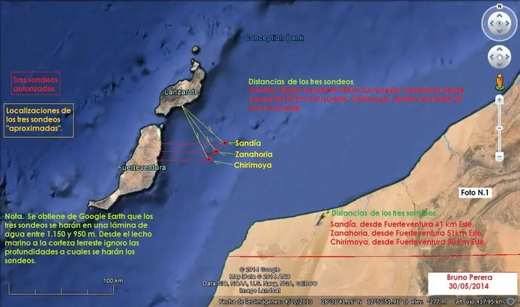 Localizaciones_de los tres sondeos autorizados por el Ministerio de Medio Ambiente del Estado español.