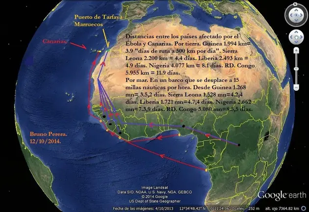 Distancias por mar y tierra de los paises afectados por Ebola en relacion con las Islas Canarias.