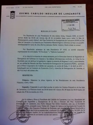 Resolución del Cabildo suspendiendo las clases