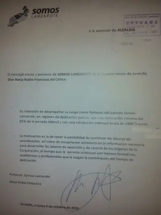 Escrito de Borja en el Ayuntamiento