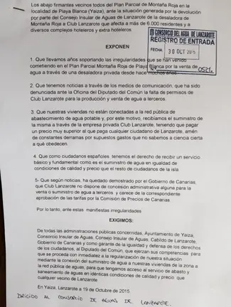 Escrito de los Vecinos de Montaña Roja al Cabildo de Lanzarote por la Desaladora