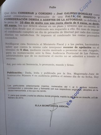 Galindo fue condenado a 60 euros de multa por Falta de Respeto a la Autoridad