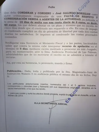 Galindo fue condenado a 60 euros de multa por Falta de Respeto a la Autoridad