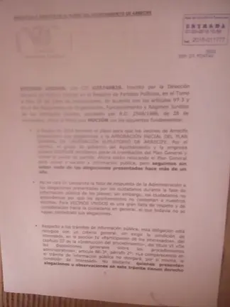 Moción de VECINOS UNIDOS sobre Alegaciones del Plan General