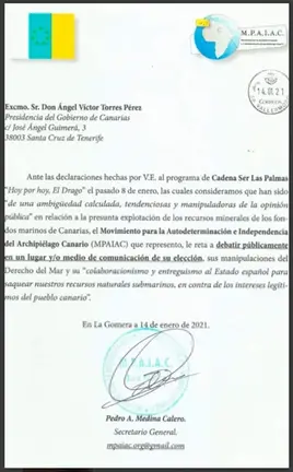 Escrito del MPAIAC retando al Presidente del gobierno canario 2