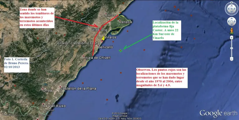 Localizacion de la plataforma fija Castor situada a unos 22 Km del puerto de Vinaros.