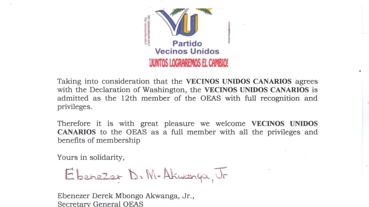 Documento de Adhesión de VECINOS UNIDOS CANARIOS en la OEAS