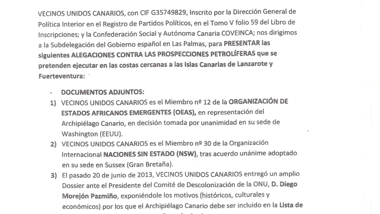 Alegación de VECINOS UNIDOS CANARIOS contra las prospecciones petrolíferas