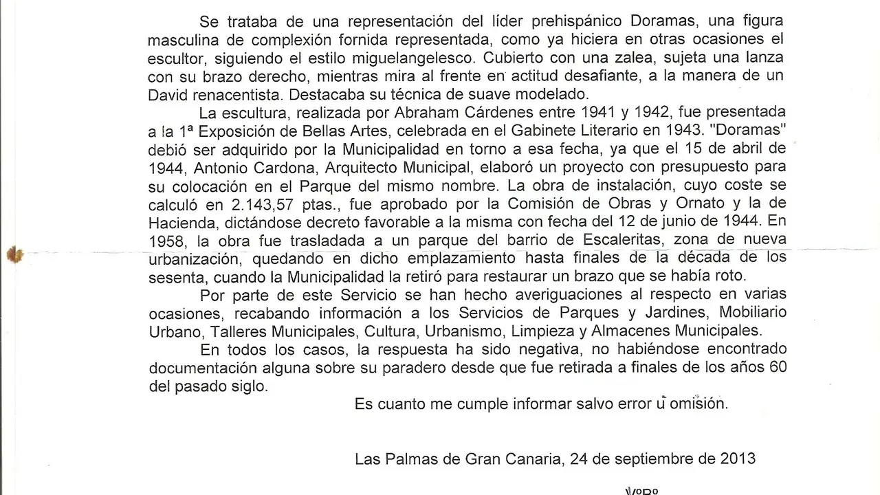 Documento que certifica la "desaparición" de la estatua de Doramas