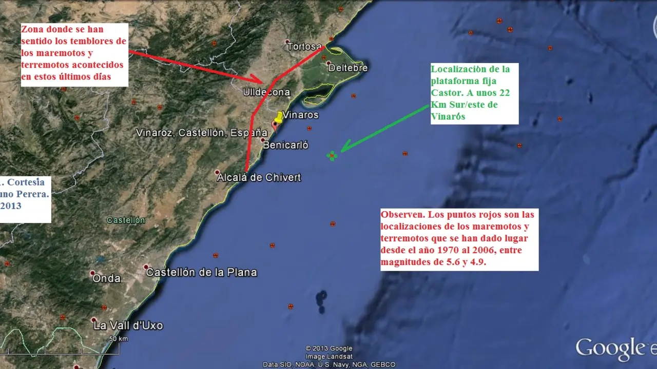 Localizacion de la plataforma fija Castor situada a unos 22 Km del puerto de Vinaros.