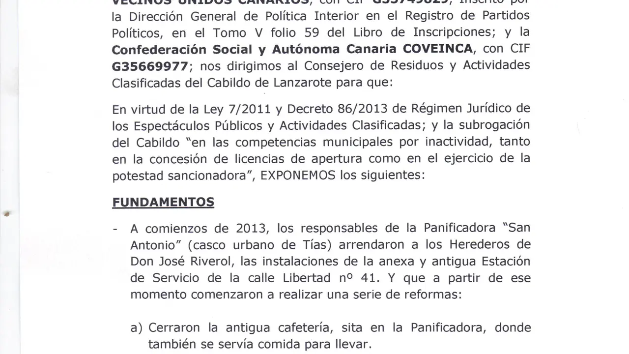 Denuncia en el Cabildo Actividades Clasificadas