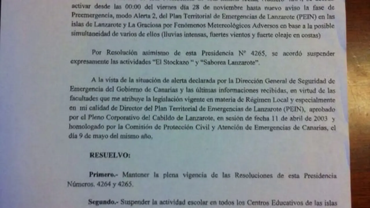 Resolución del Cabildo suspendiendo las clases