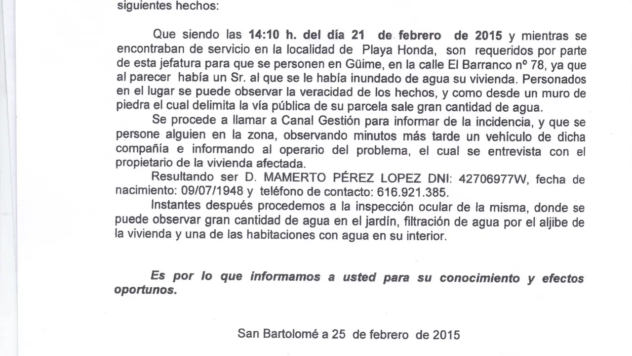 Informe de la Policía Local de San Bartolomé