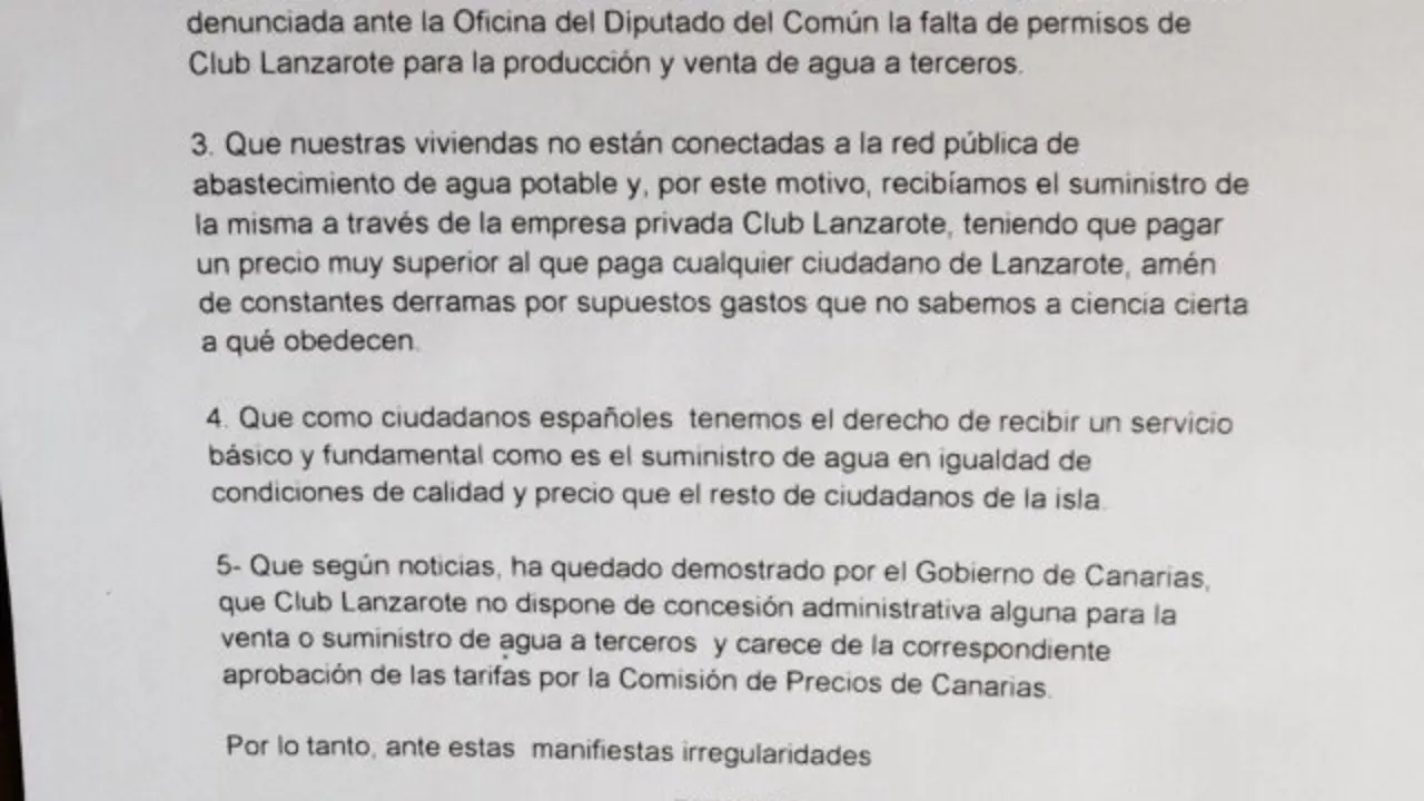 Escrito de los Vecinos de Montaña Roja al Cabildo de Lanzarote por la Desaladora