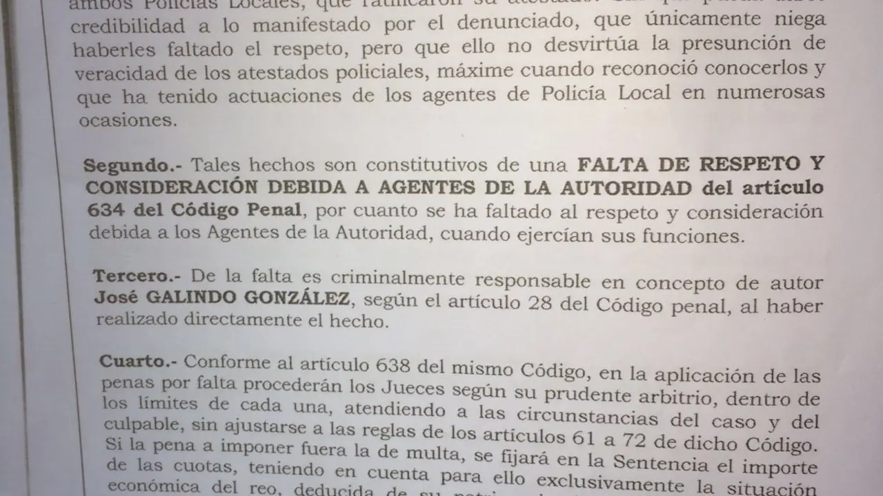 Sentencia condenando a Galindo a 60 euros de multa