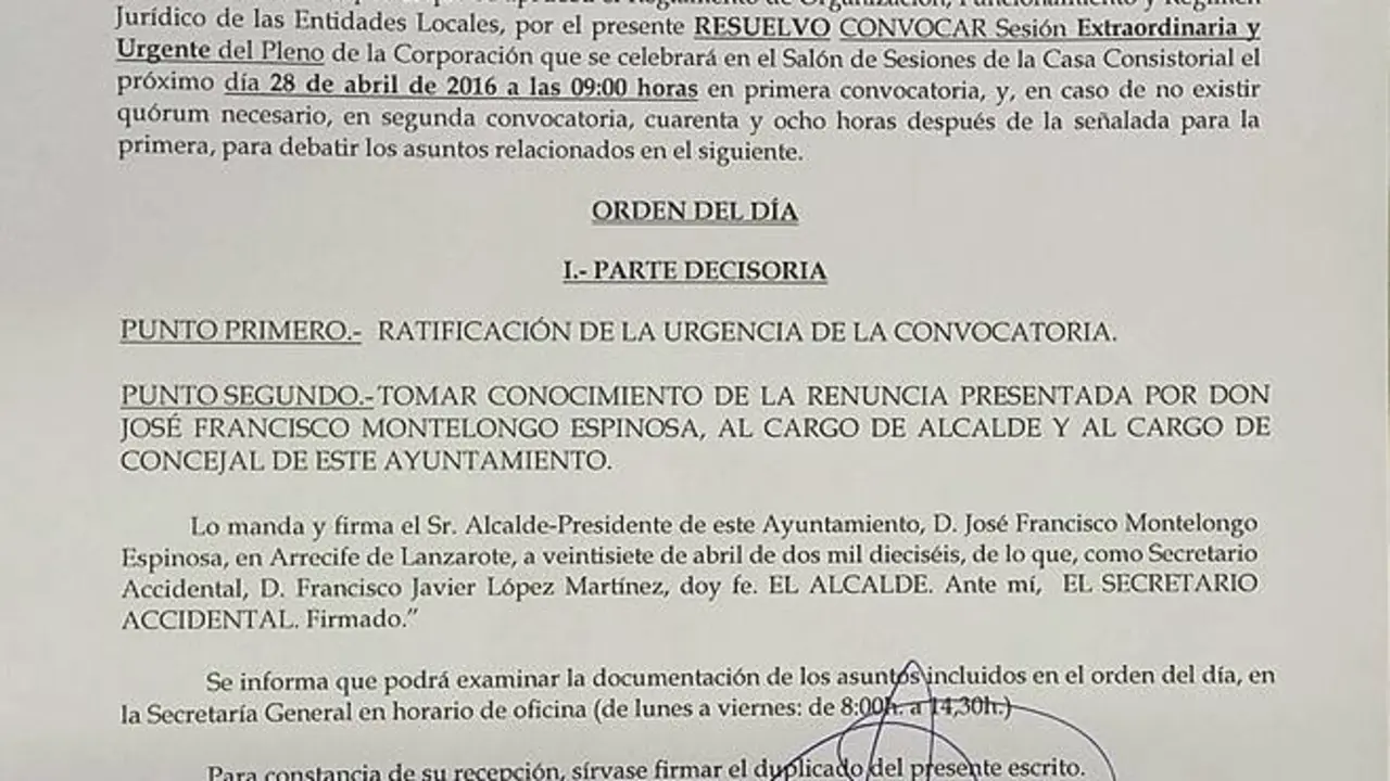 Convocatoria del Pleno de la renuncia de Montelongo