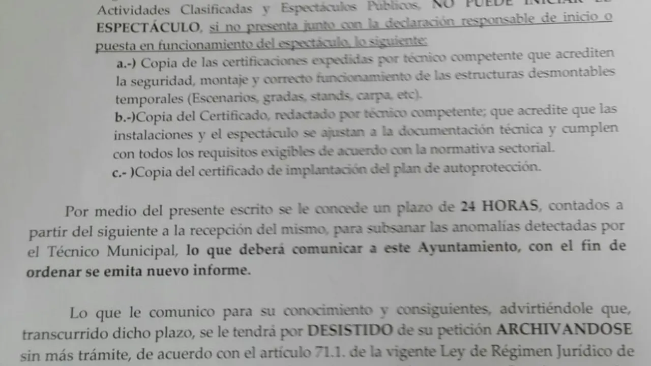 Informe del Ayuntamiento ordenando el cierre del Arrecifest