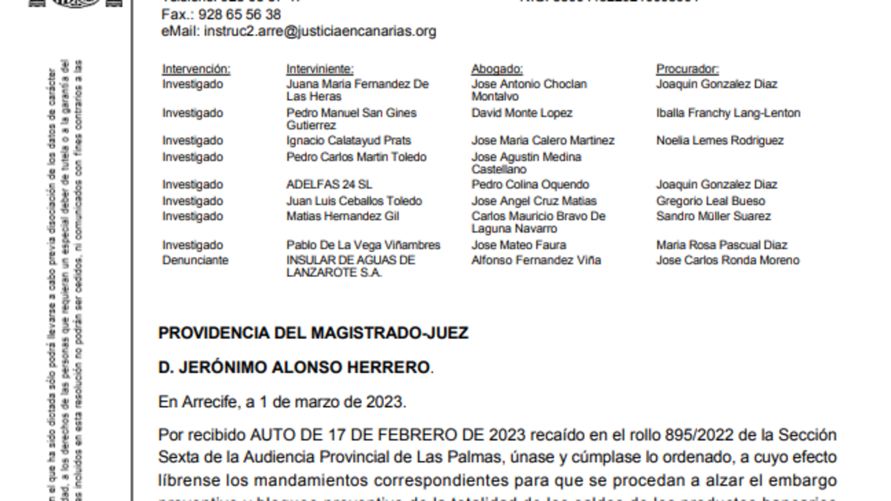 Alzamiento del embargo de las cuentas de Pedro San Ginés