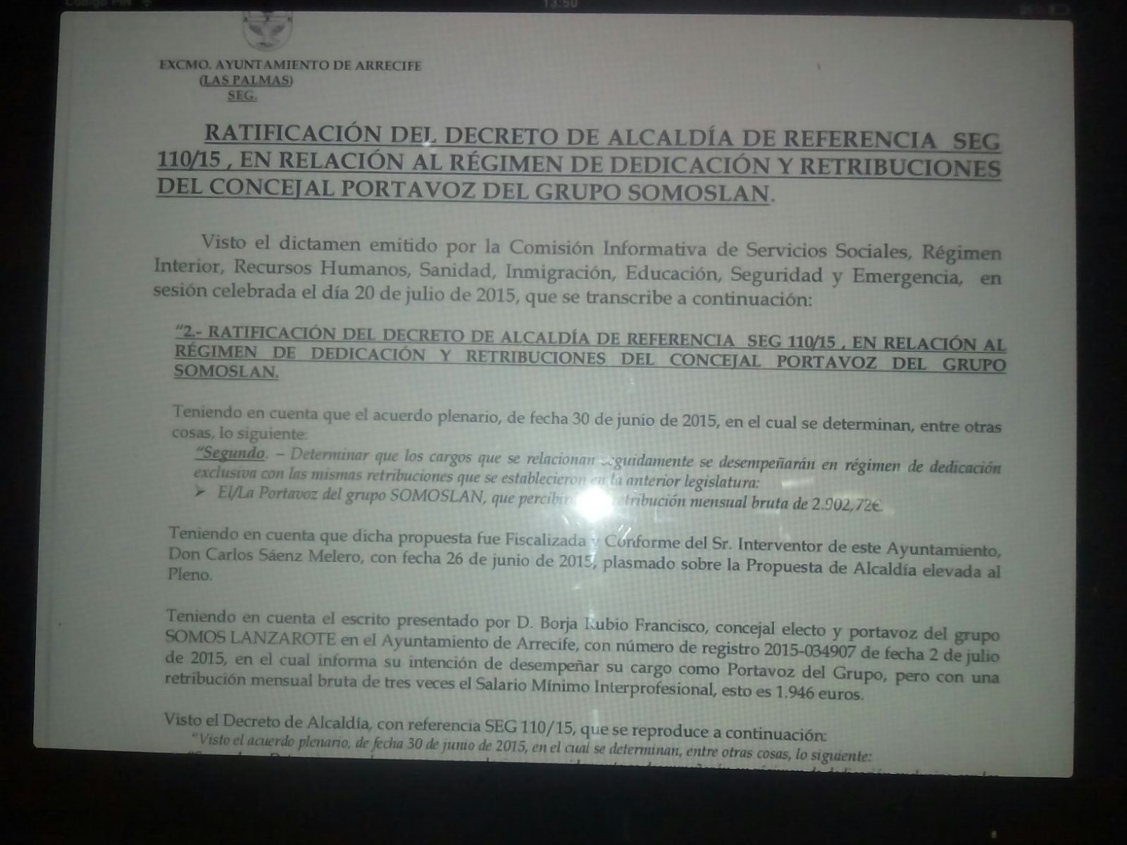 Acta del Pleno de Arrecife 2-Borja Rubio