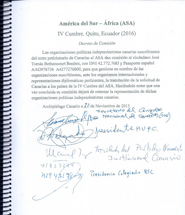 Ratificación de la firma por el presidente del MUPC del documento dirigido  al ASA