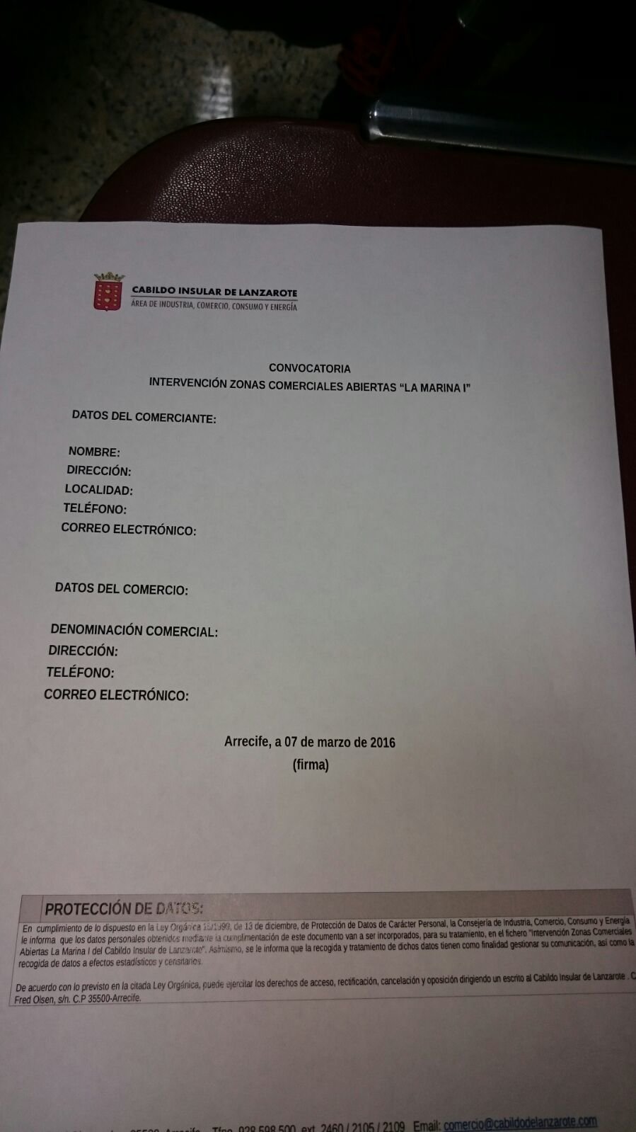 Formulario entregado a los comerciantes
