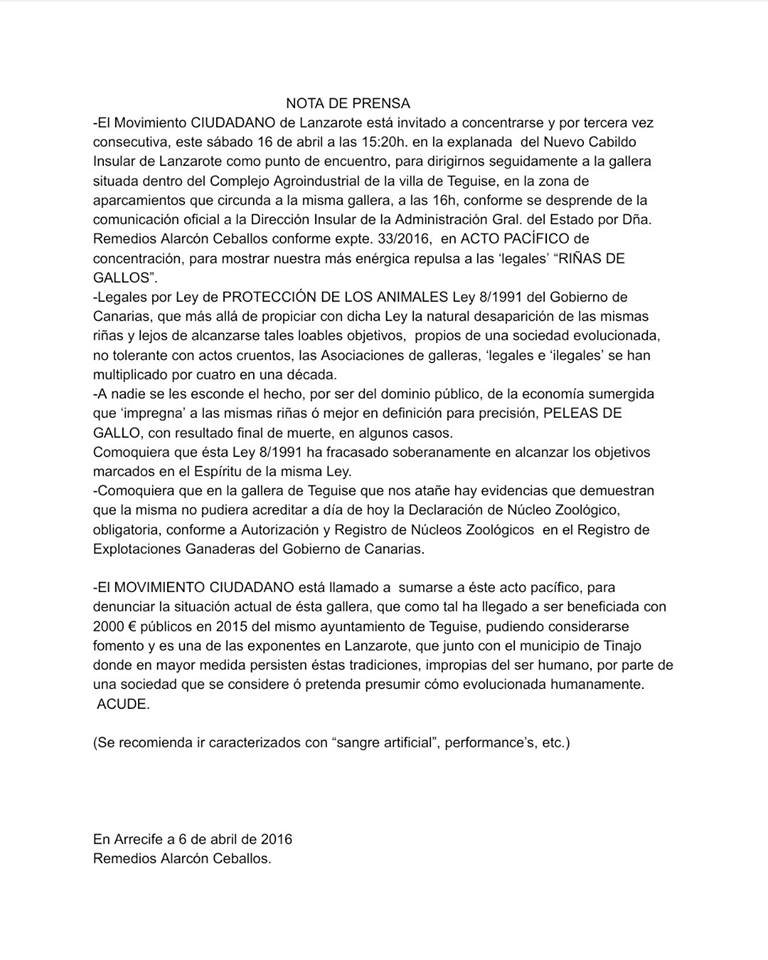 Nota de Prensa Peleas de Gallos