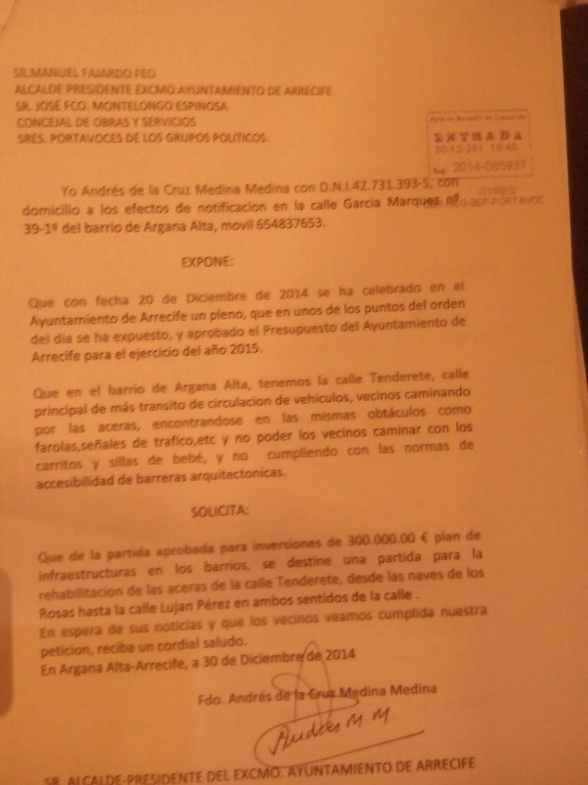 Escrito socavón calle Tenderete 2a