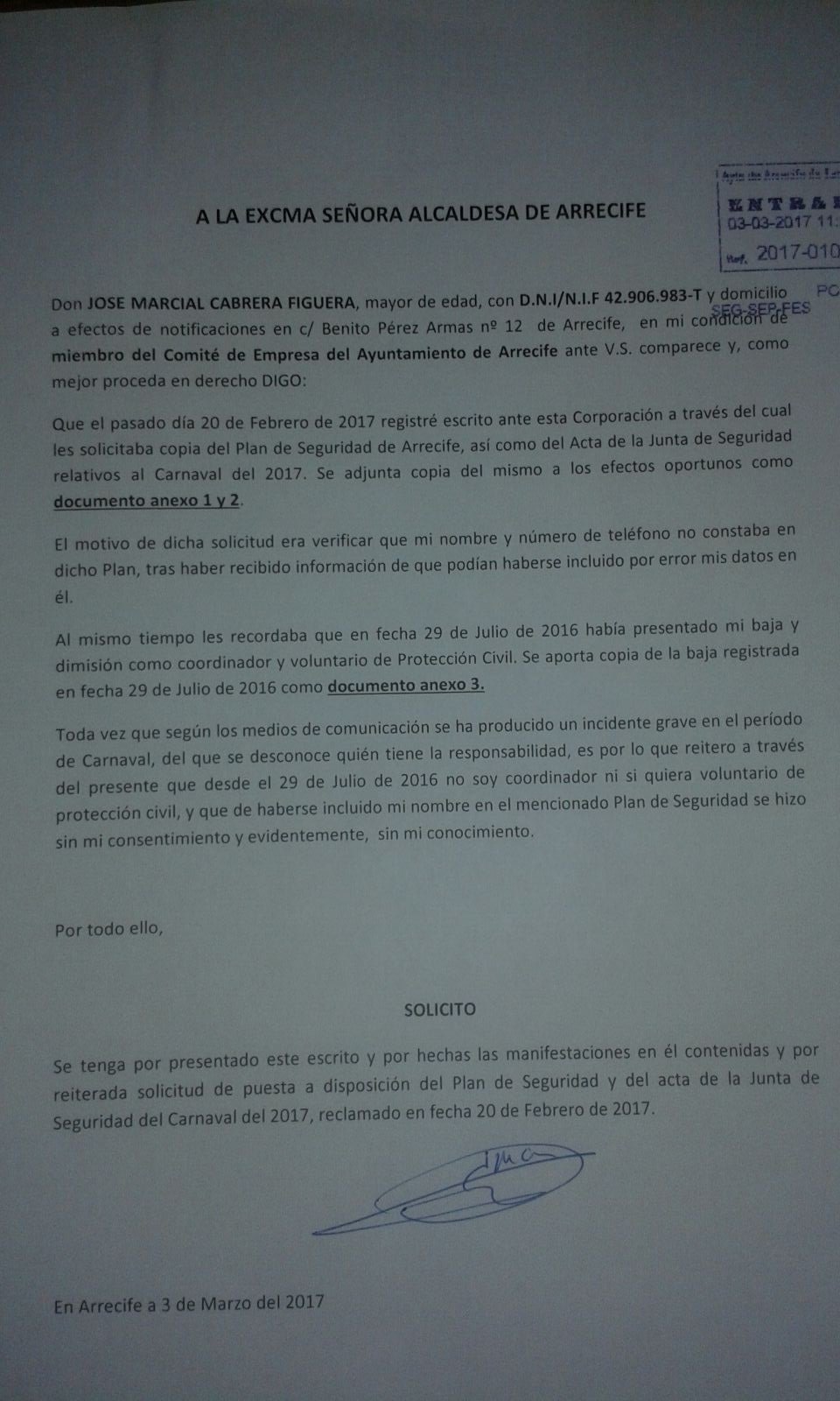 Segundo escrito de José Marcial