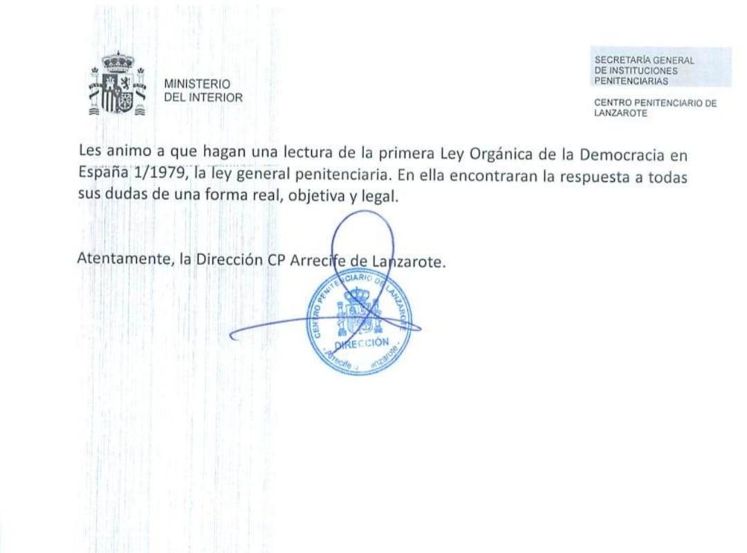 Escrito de la Directora de la Prisión