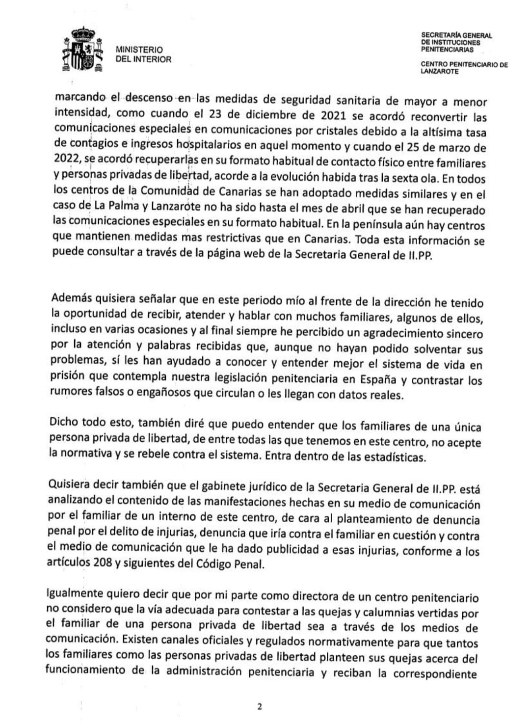 Escrito de la Directora de la Prisión 2