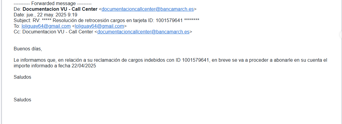 Comunicación de abono en cuenta el 11 de junio