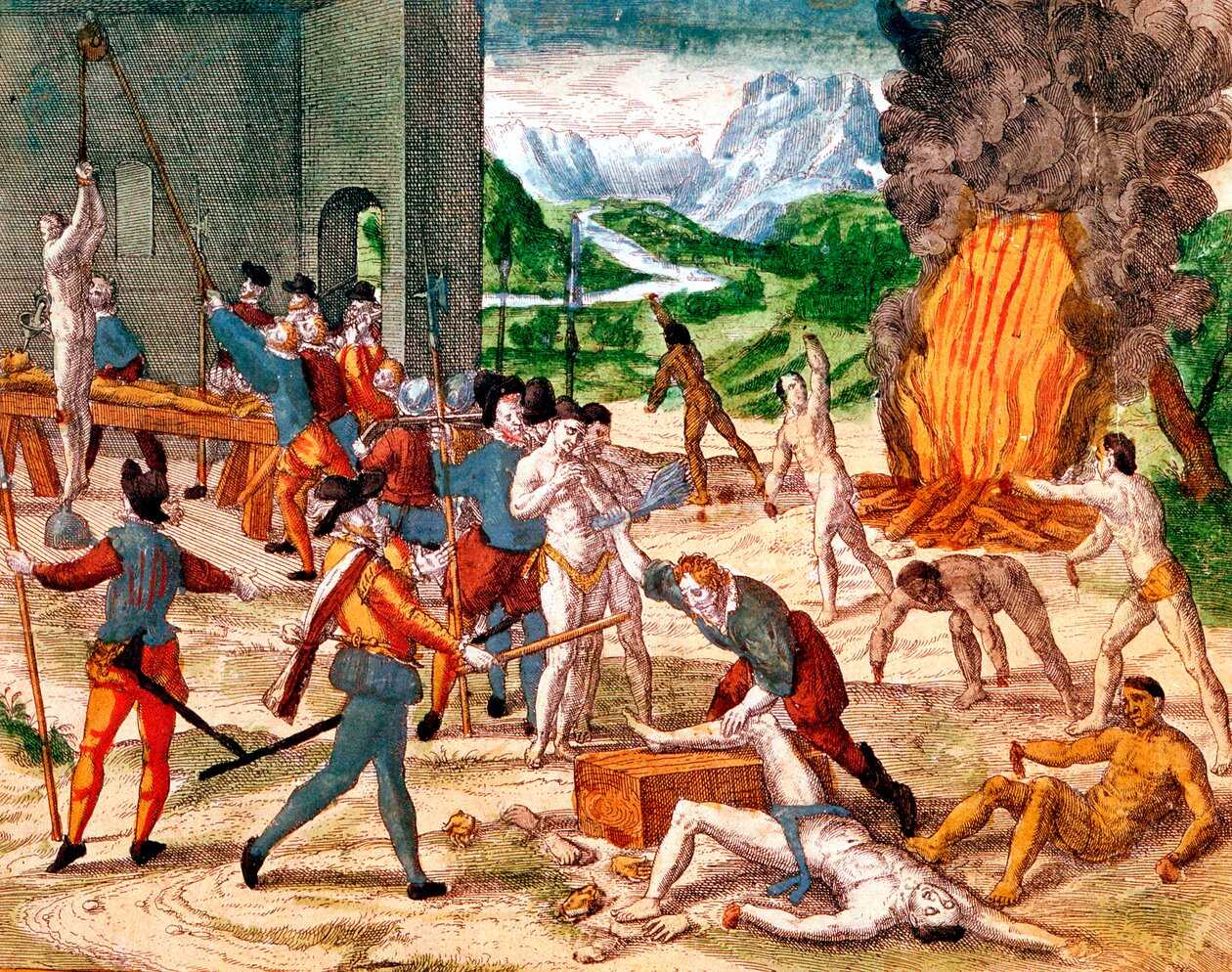 Conquistadores españoles torturando a los indigenes